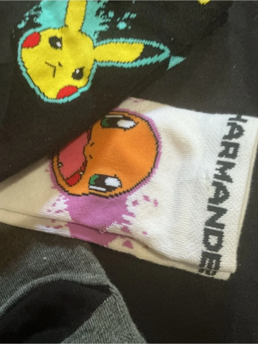 Pikachu & Charmander Kids Crew Socks - Black, White, Gray Size 7- 10